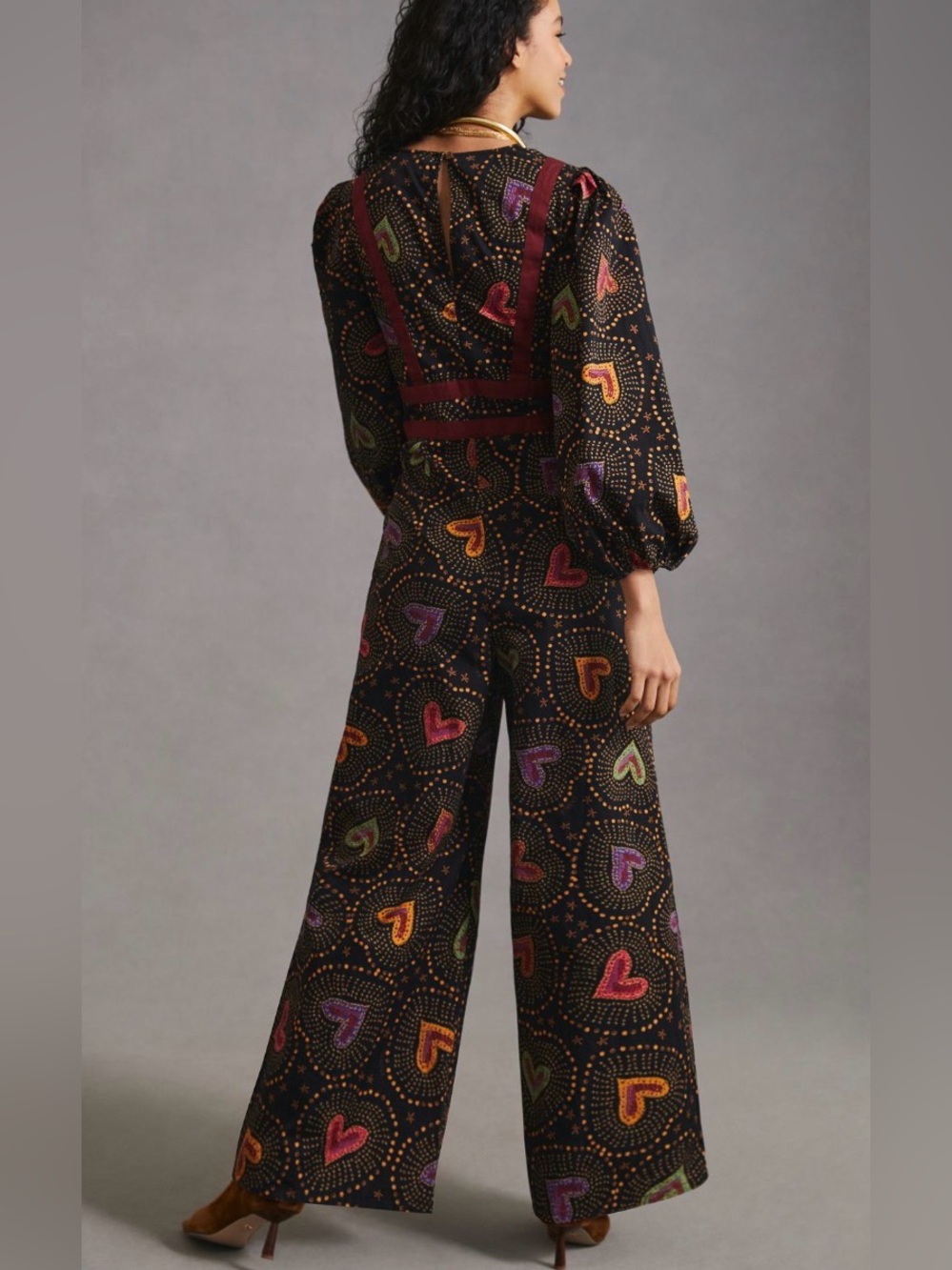 Farm Rio Anthropologie Black Jumpsuit Multicolor Heart Print and Burgundy Trim - Picture 3 of 9